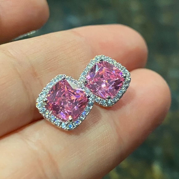 Simulated Pink Diamond cushion earrings - Picture 2 of 4